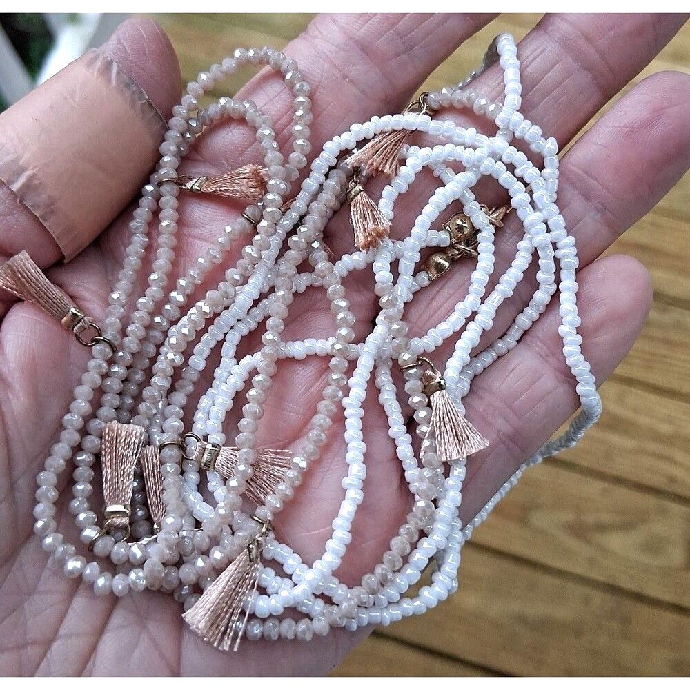 464 Women's 60" Long White & Tan Beaded Sweater Wrap Necklace w/Mini Tassels